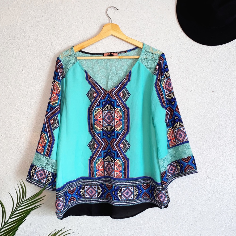 Boho Turquoise Printed Peasant Blouse
